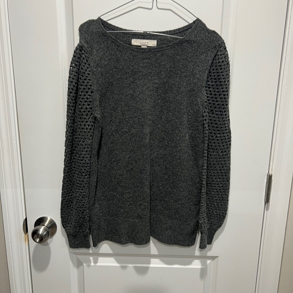 LOFT Womens Sweater Puff Crochet Sleeve Dark Gray Size S